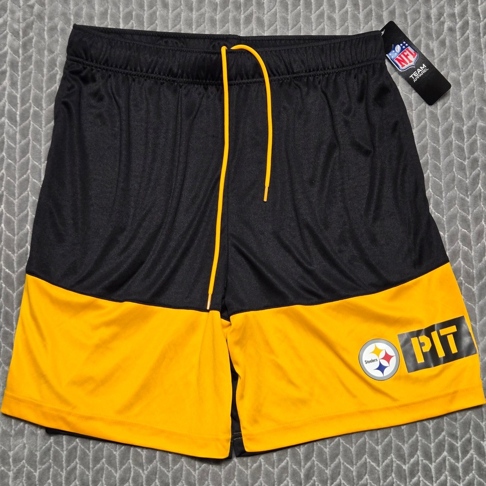 Logo Athletic Mens Pittsburgh Steelers NFL Shorts Black Gold Colorblock L NEW